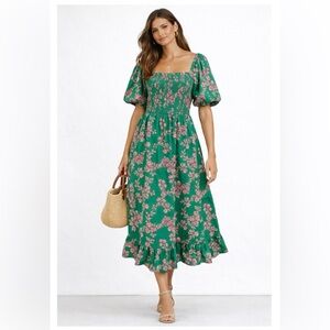 J. Crew // Green & Pink Floral Smocked Midi Dress with Puff Sleeves